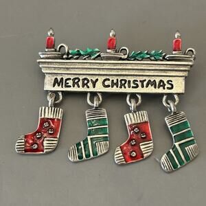 Merry Christmas Stocking Candle Pin Brooch Silver Tone Enamel Vintage
